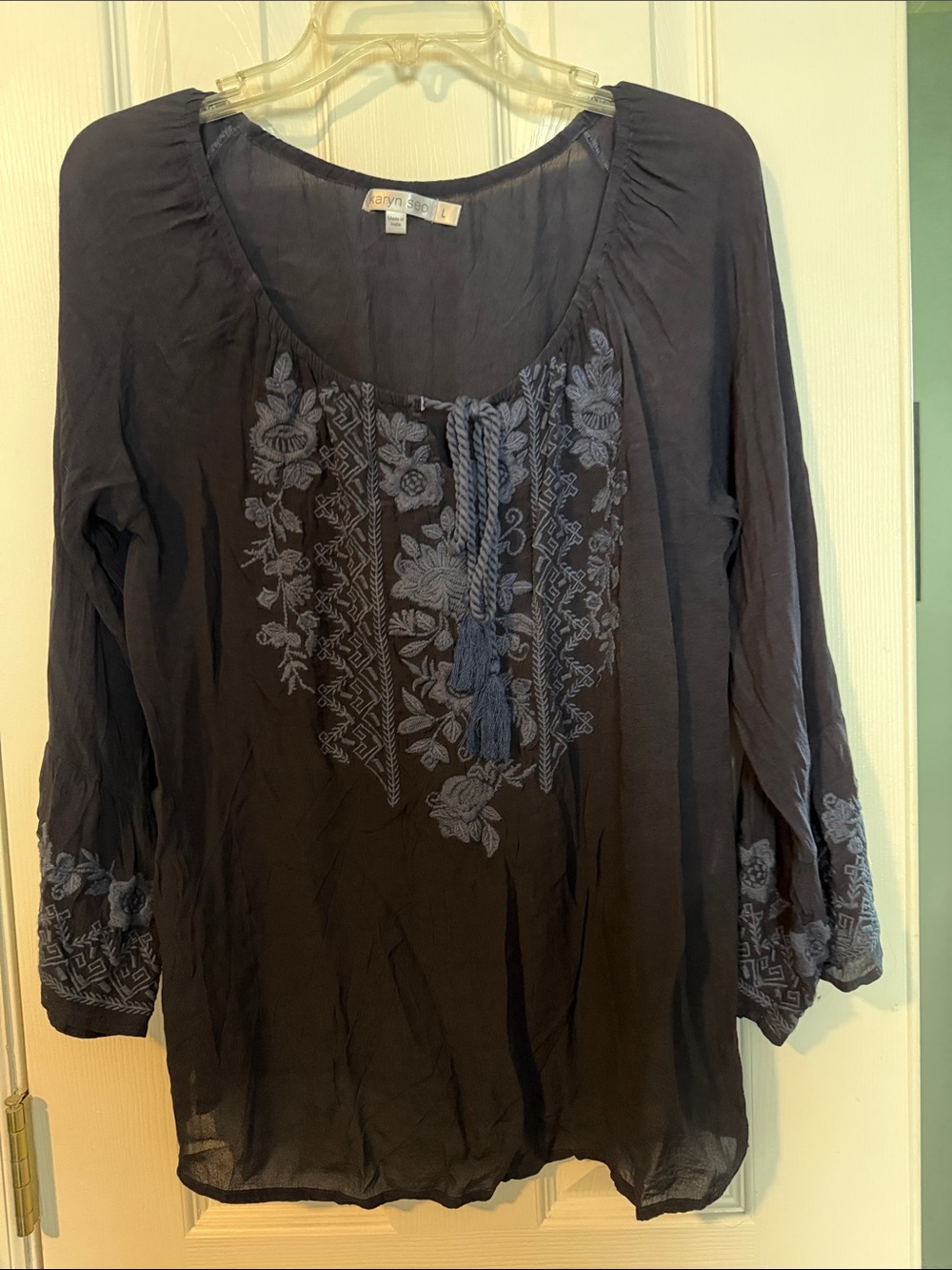 Karyn Seo Navy Blue Embroidered Peasant Tunic Top